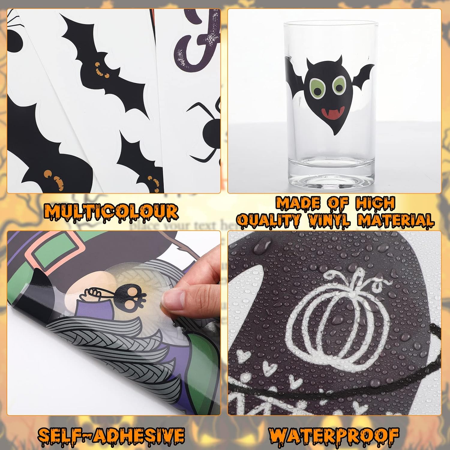 9 hojas de calcomanías de pared de gnomo de Halloween, calcomanías de pared de gnomo, para ventana, murciélago, elfo, enano, sin rostro, para