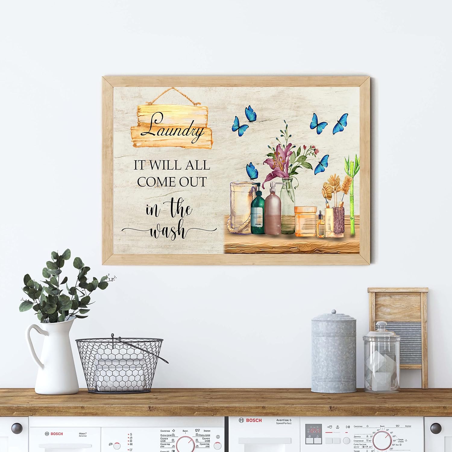 BOUHES Arte de pared rústico para lavandería, horario de lavandería, reglas divertidas, decoración de pared, granja, flores, mariposas, pintura,