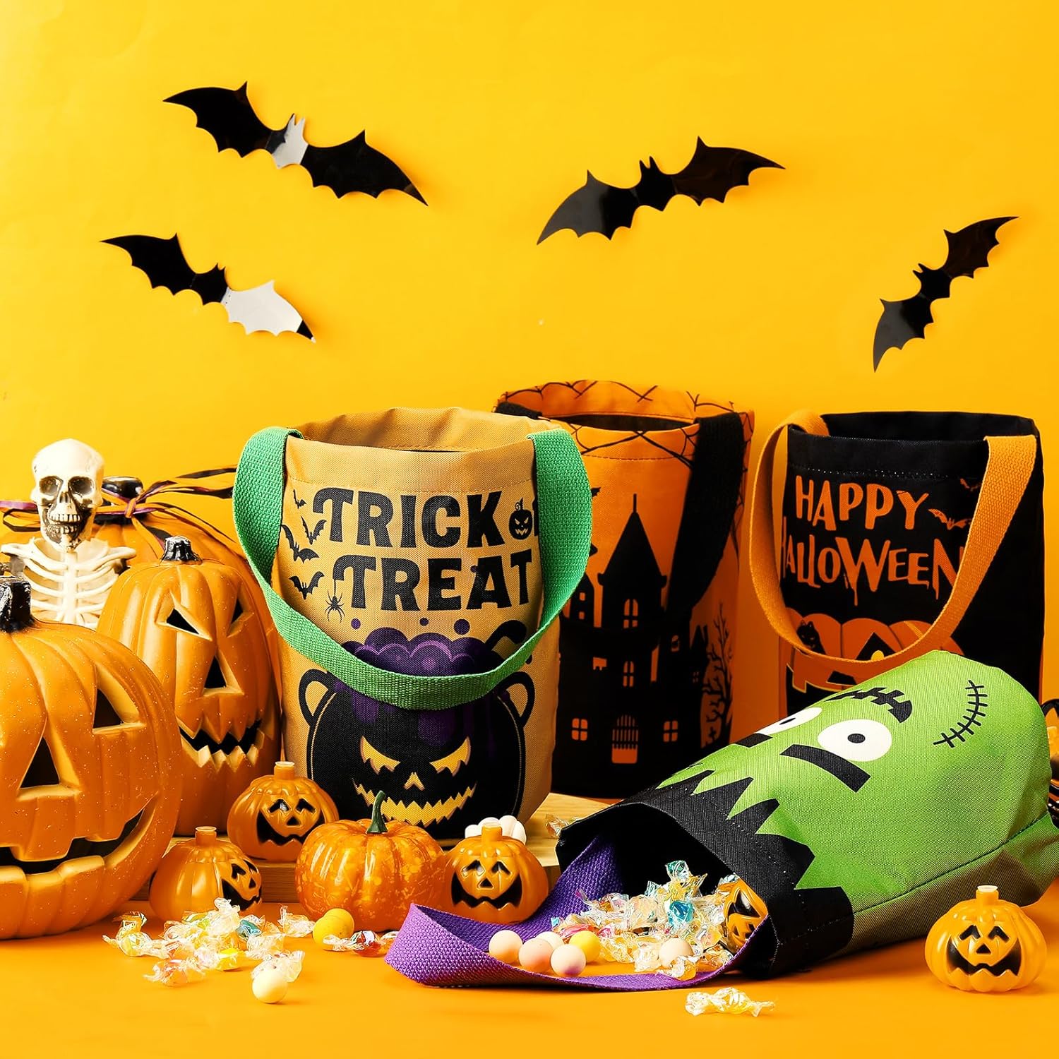 4 bolsas de Halloween para trucos o tratos, plegable, de lona, para caramelos, calabaza, murciélago, cubo de golosinas, cubo de golosinas