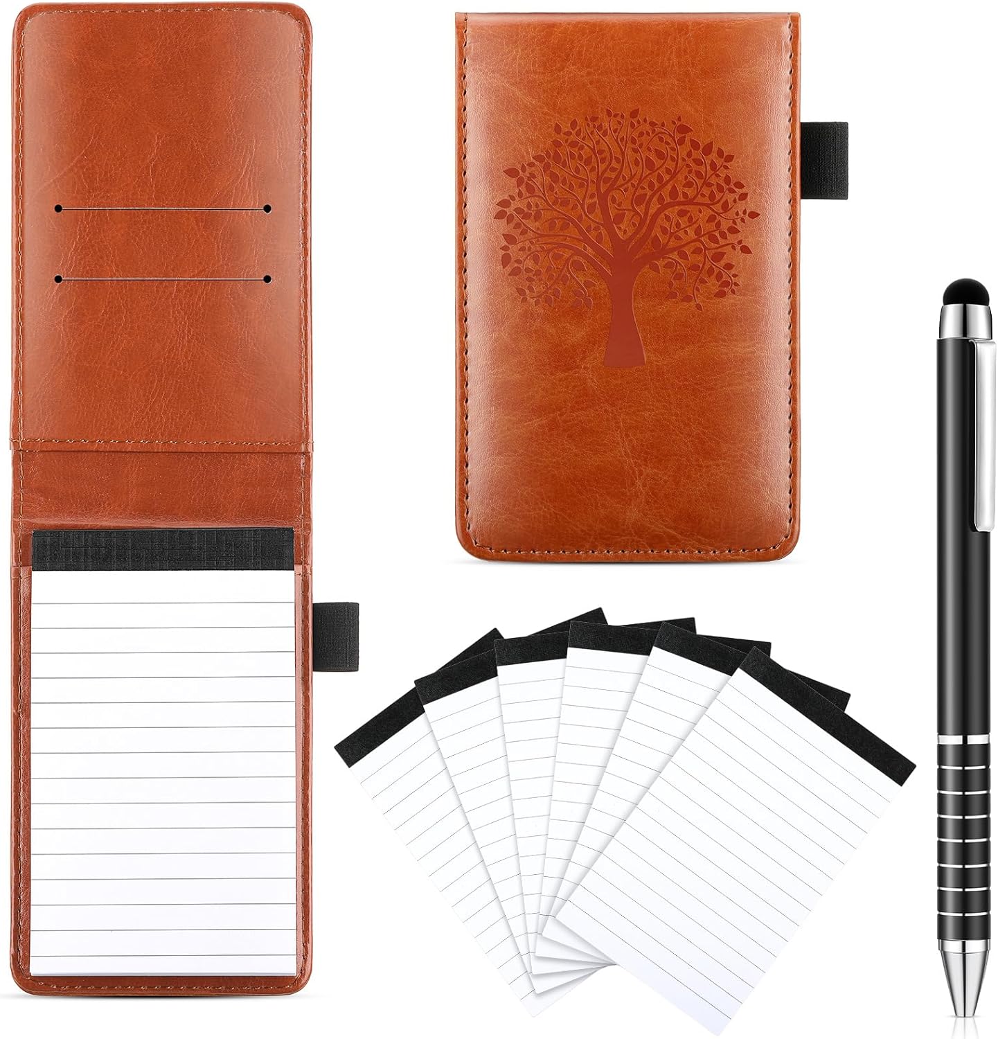 Teling Juego de 8 soportes para bloc de notas de bolsillo, mini soporte de cuero para cuaderno con 50 hojas forradas, bolígrafo de metal y 6 piezas