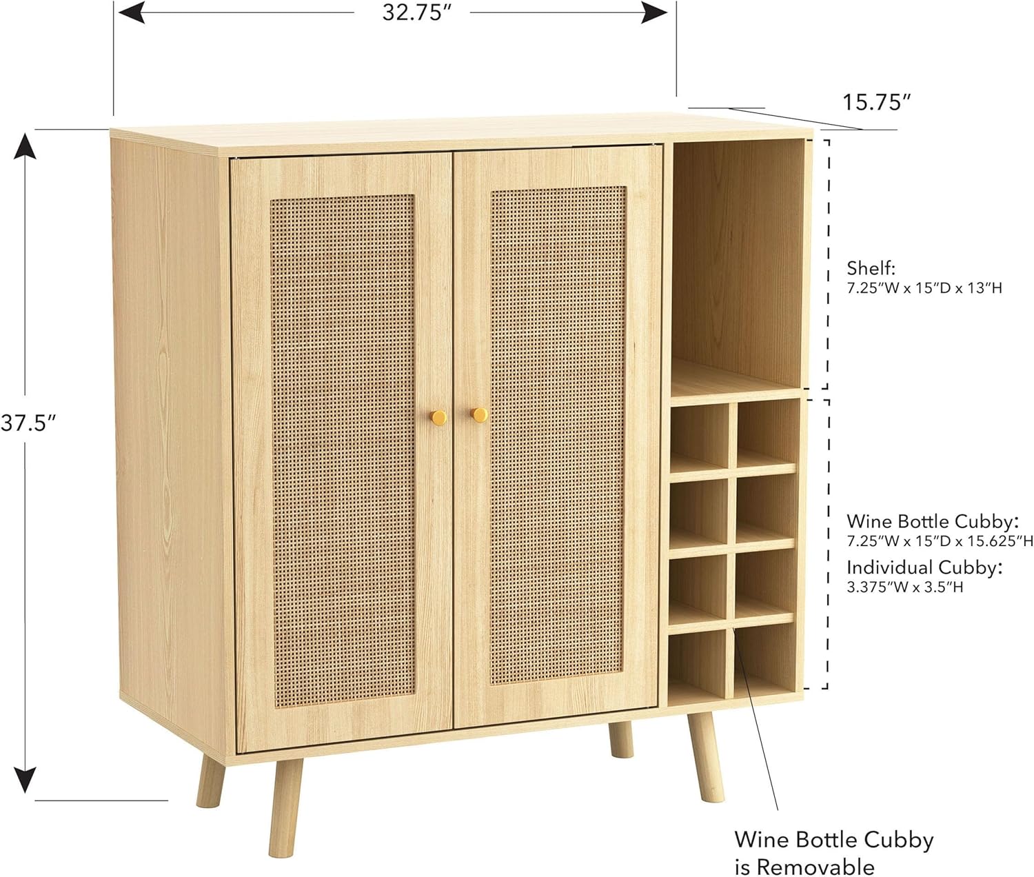 Atlantic Loft & Luv Remy Boho Mid-Century Paneles de ratán natural con almacenamiento, gabinete de barra de acabado