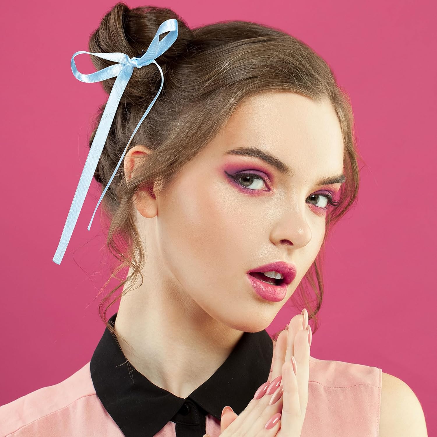 18 pinzas para el cabello con lazo rosa de 3.93 pulgadas, lazos blancos y azules, pasadores con cintas largas, parrillas para San Valentín,