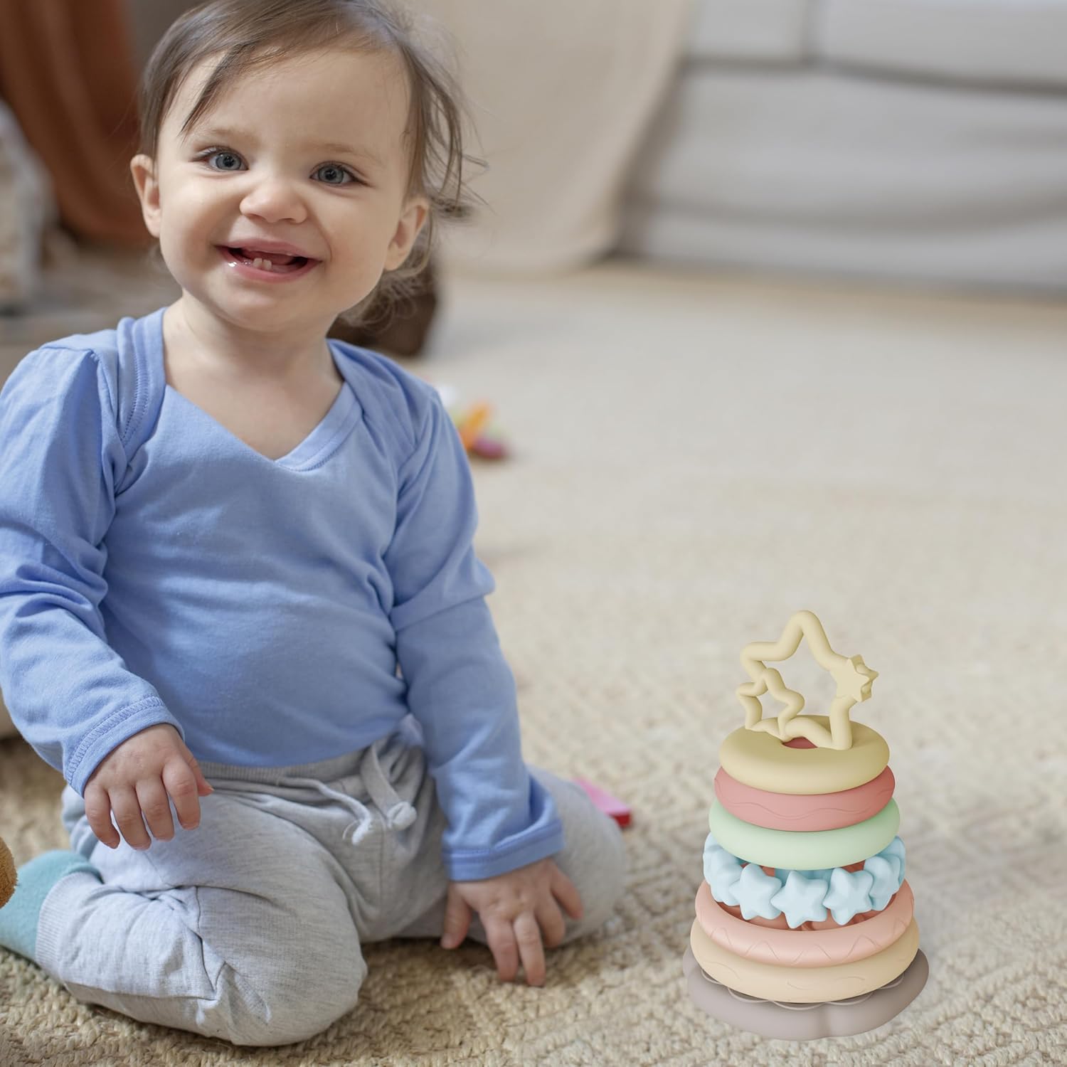 Juguetes sensoriales para la dentición del bebé, anillos apilables para niños de 1, 2 y un año, juego de 7 piezas de mordedor para bebés, regalos de