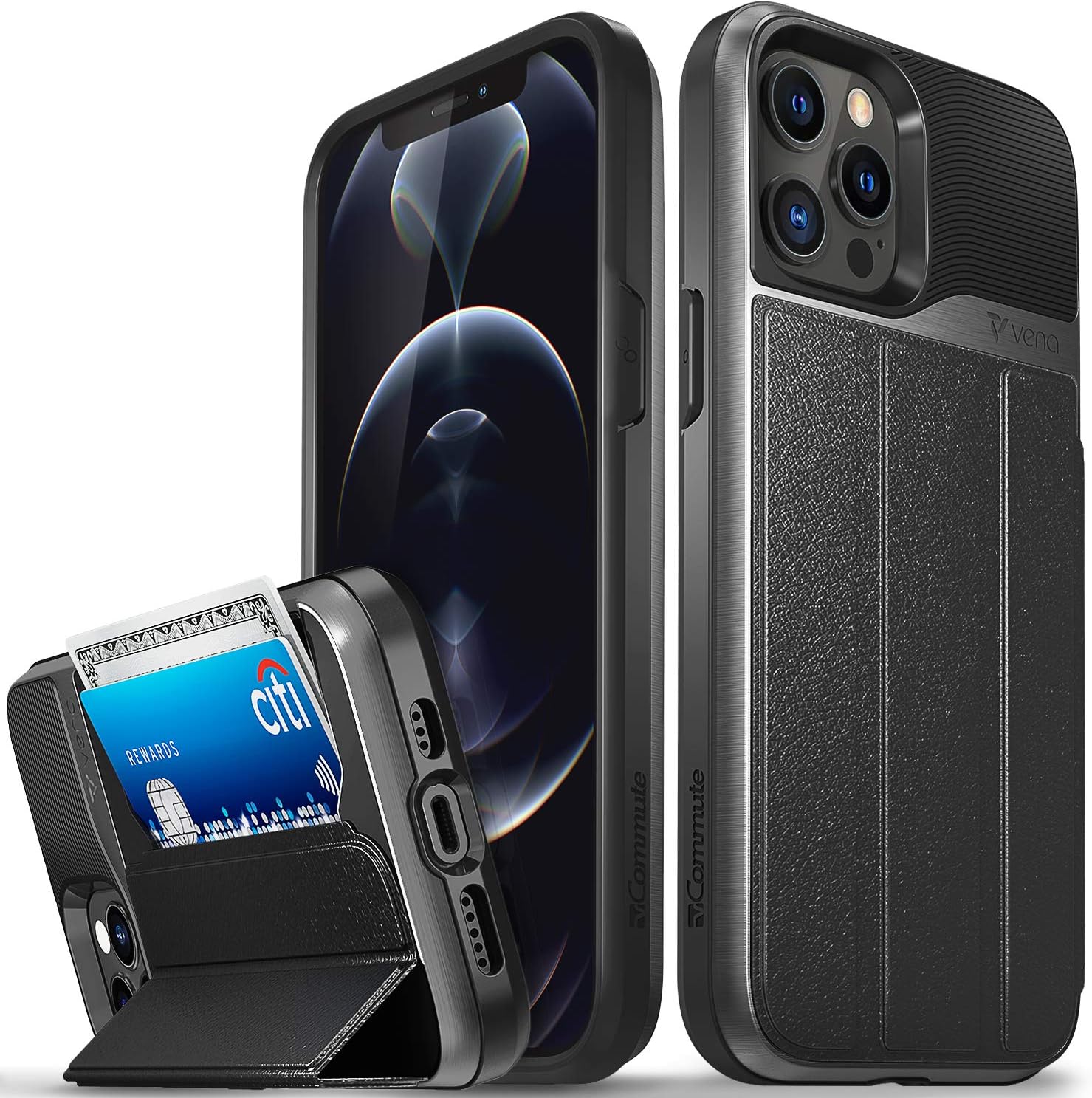 VENA vCommute – Funda tipo cartera compatible con Apple iPhone 12 Pro Max (6.7 pulgadas) (protección contra caídas de grado militar), funda de cuero