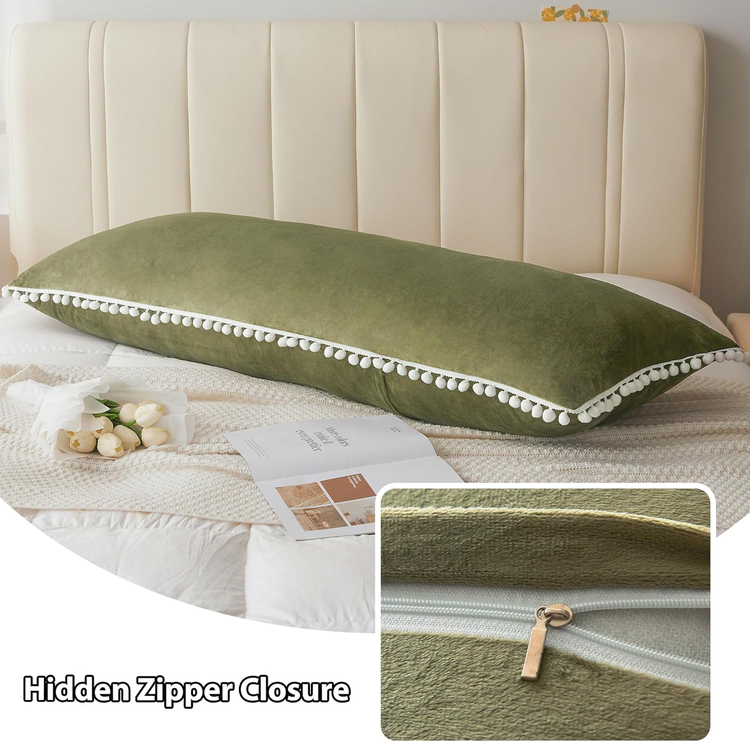 LIFEREVO Funda de almohada corporal de terciopelo con pompones, funda de almohada larga y mullida de 20 x 54 pulgadas, funda de almohada de