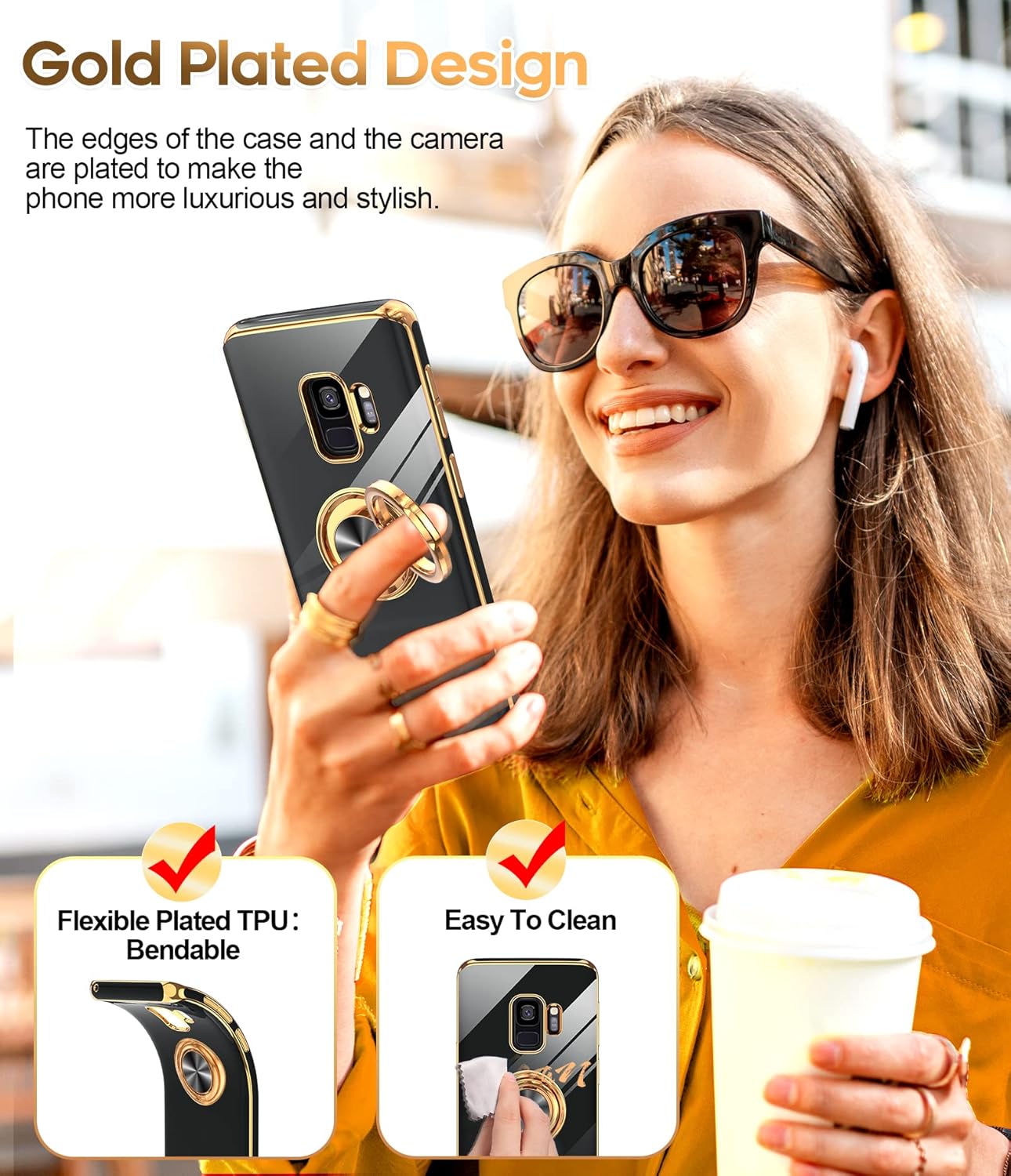 LeYi Funda para teléfono Samsung Galaxy S9 con soporte de anillo giratorio de 360, soporte magnético, chapado en oro rosa con borde protector para