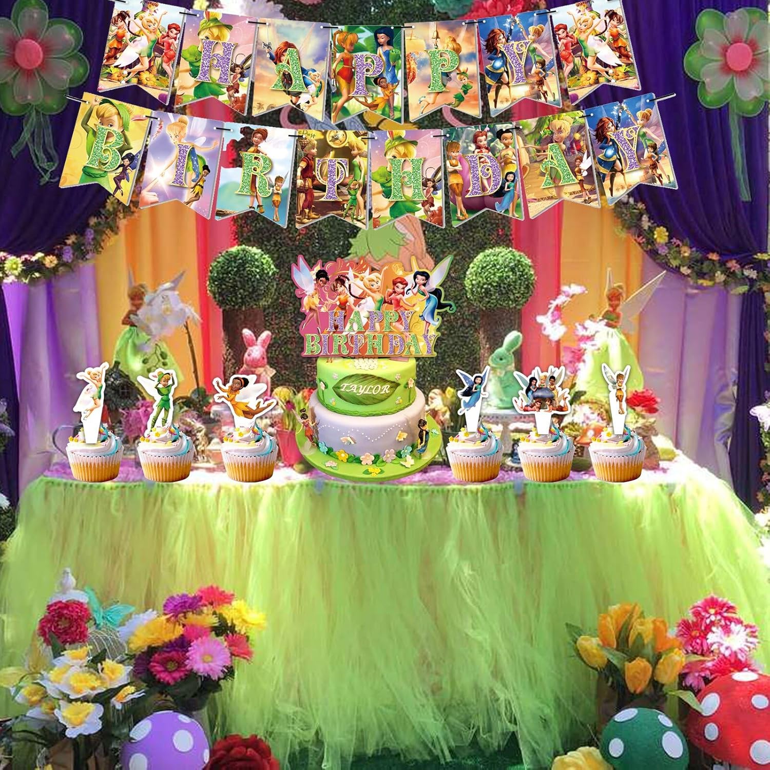 Tinker Bell – Decoraciones de fiesta de cumpleaños, suministros de fiesta de películas de hadas, incluye pancarta, decoraciones para pasteles,