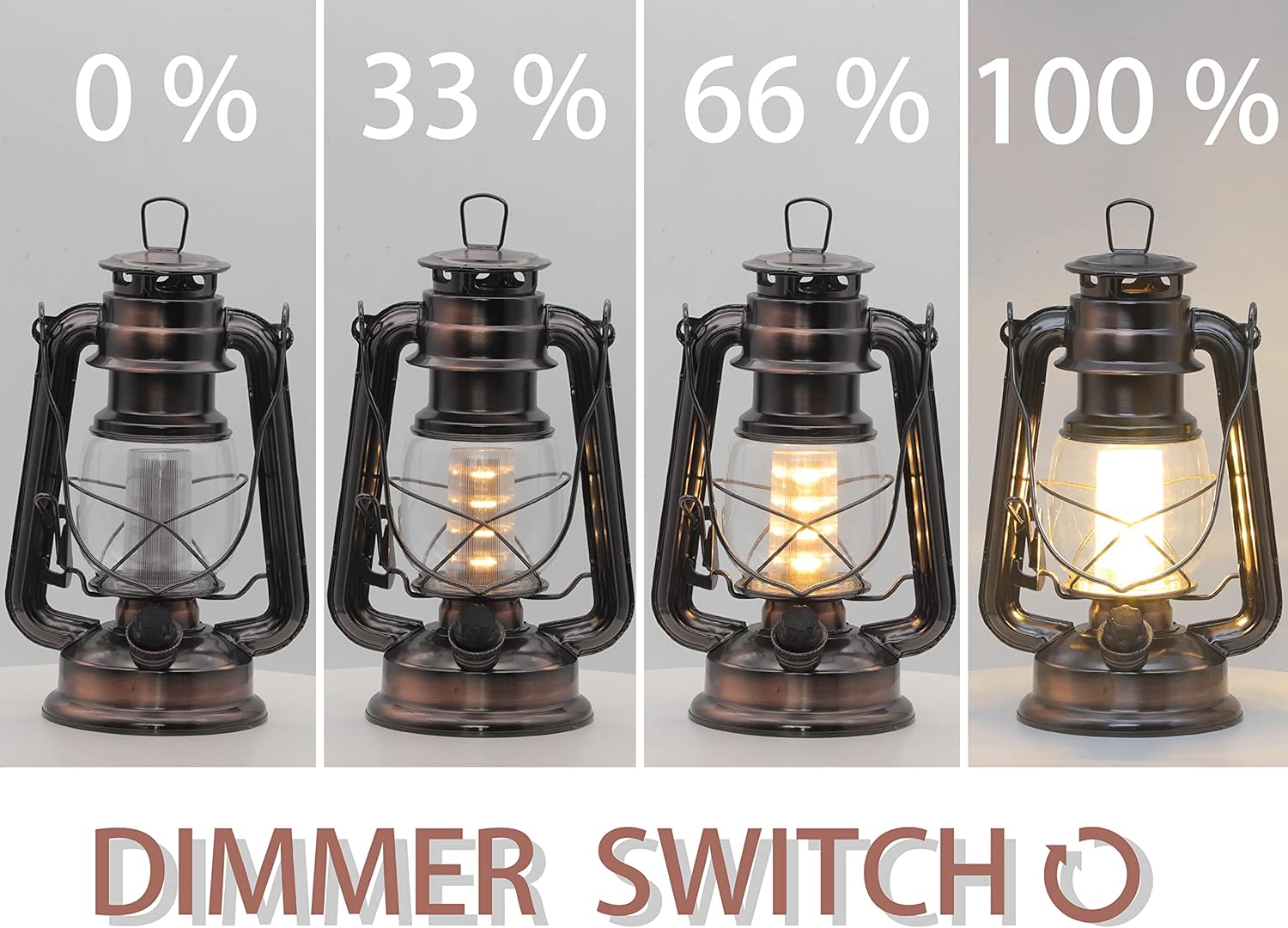 YAKii Linterna LED vintage de metal colgante de huracán, 12 luces LED, interruptor de atenuación, blanco cálido, funciona con pilas, linterna de