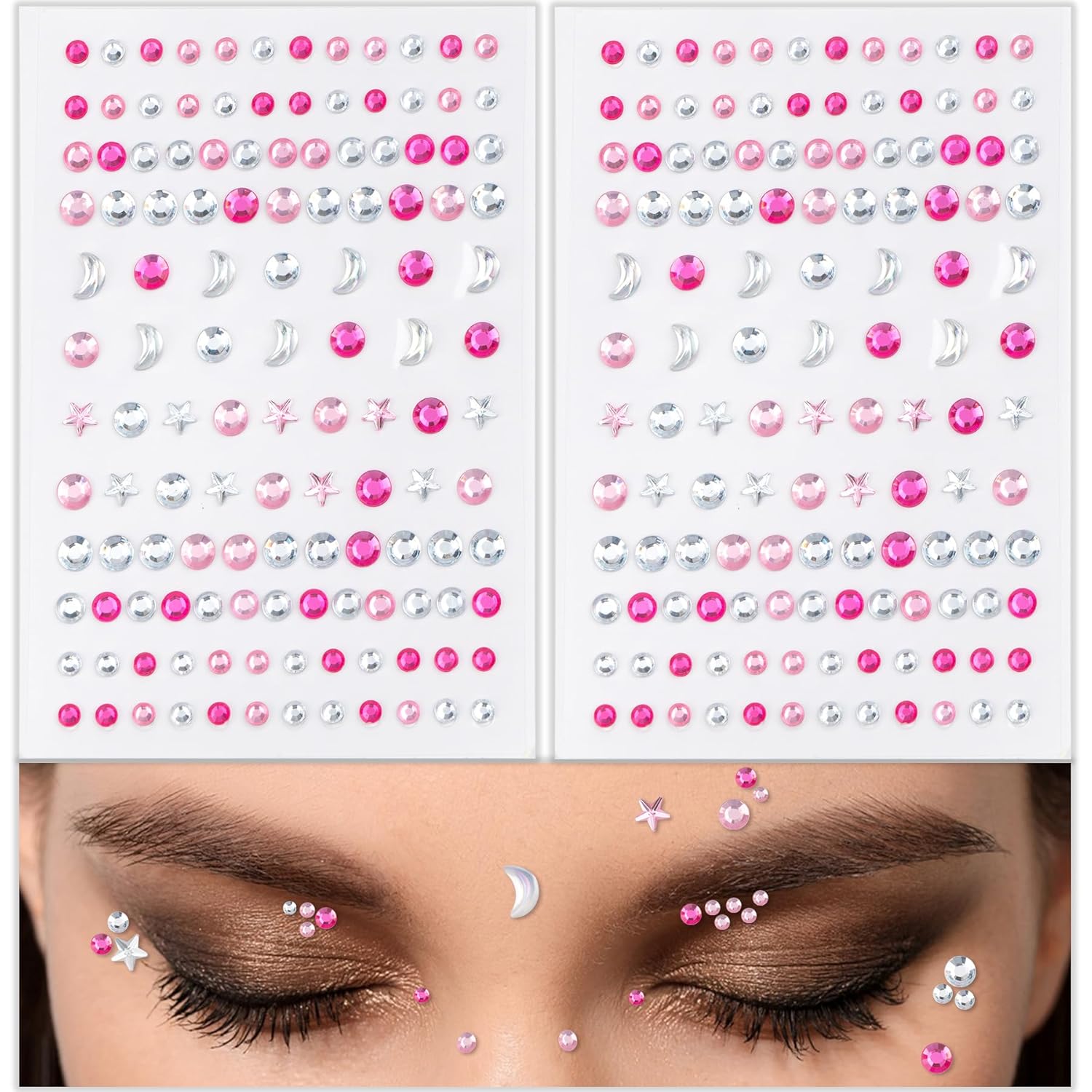 Pufandor 256 diamantes de imitación para la cara con luna de estrella para maquillaje, multiformas, festivales, joyas faciales, calcomanías para el