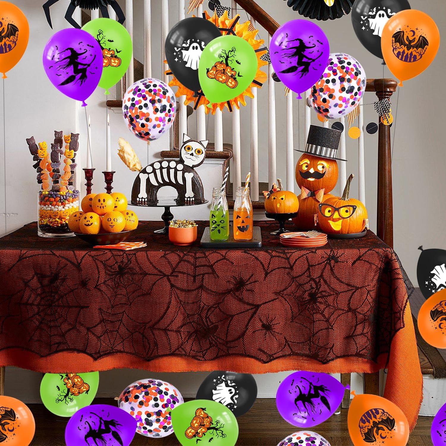 KORHONEN Globos de Halloween, 60 globos de látex de confeti de 12 pulgadas, color morado, naranja, verde, negro, confeti, para suministros de fiesta