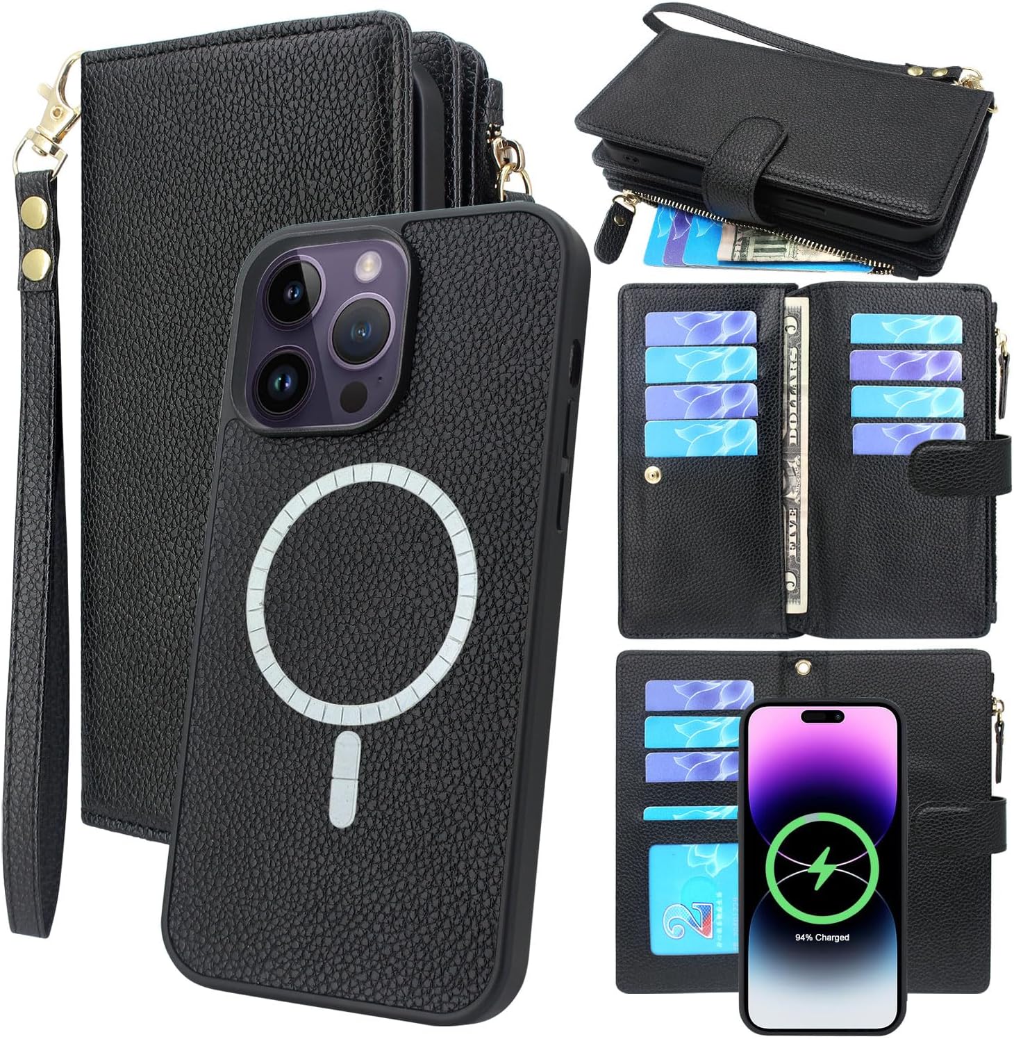 Lacass Compatible con MagSafe Case Wallet para iPhone 14 Pro Max de 6.7 pulgadas, 2 en 1, magnética, desmontable, de piel, con tarjetero y correa