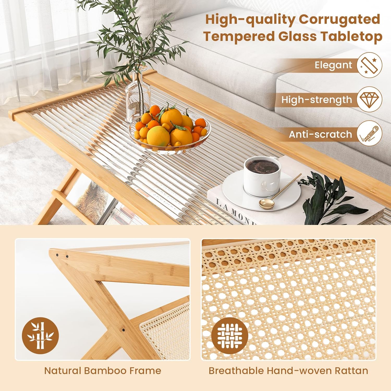 Tangkula Mesa de centro de bambú, mesa central moderna con mesa de vidrio templado y estante abierto de ratán, mesa de té rectangular de 2 niveles