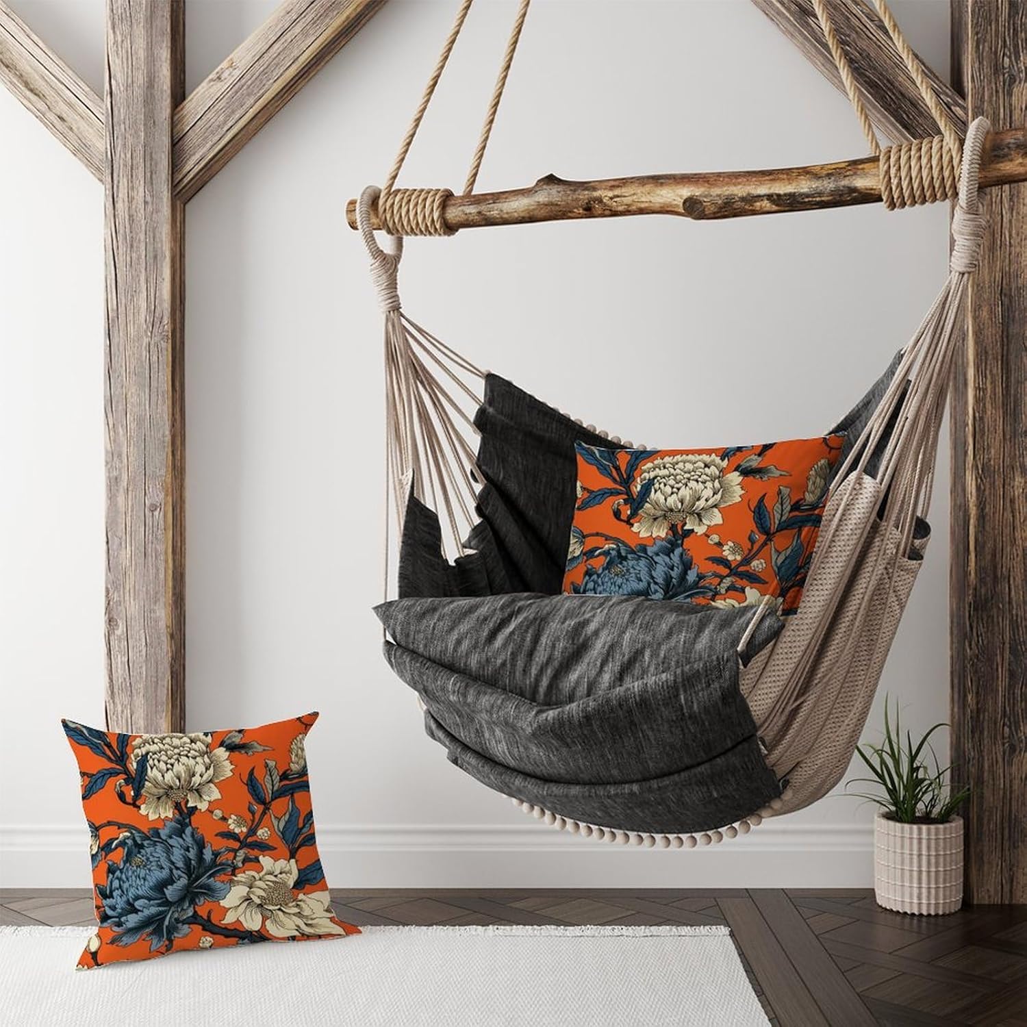 Chinoiserie – Juego de 2 fundas de almohada de flores de caqui, color azul marino, naranja, crema, floral, fundas de cojín inspiradas en Asia de 16