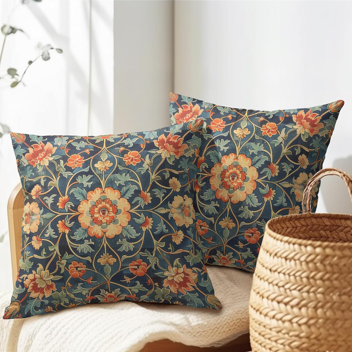 Kawani Juego de 2 fundas de almohada florales vintage de 18 x 18 pulgadas, diseño de flores botánicas antiguas con patrón de tapiz, fundas de