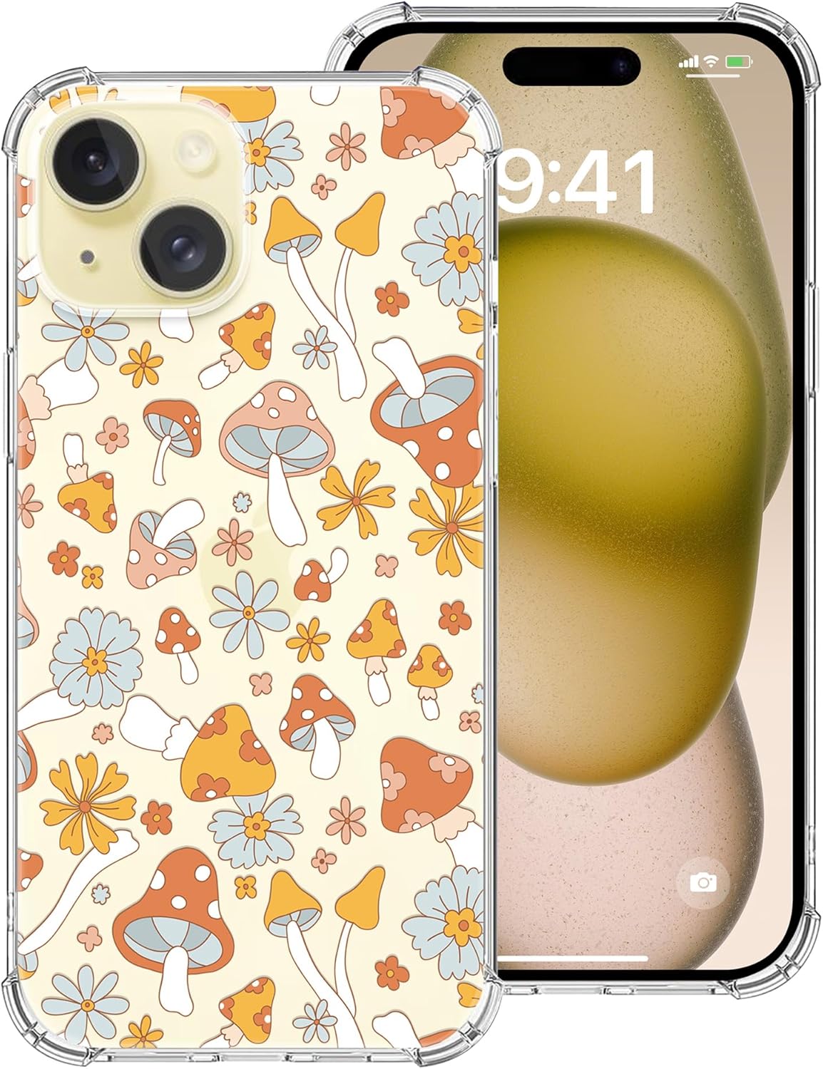 Funda transparente con diseño floral de hongos hippie retro diseñada para iPhone 15, diseño bohemio de hongos y flores, a la moda para niñas y