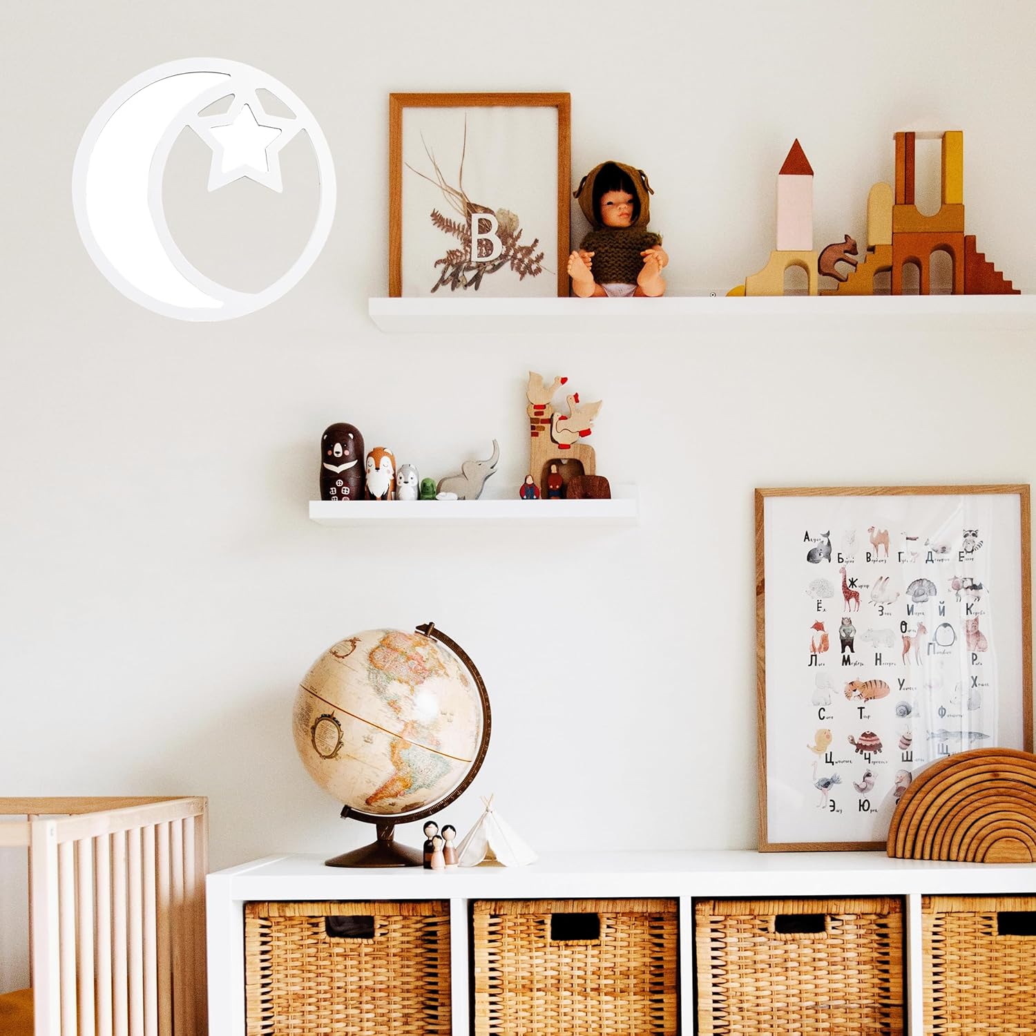 Espejo de fase lunar y sol, decoración natural escandinava, espejo decorativo de pared, decoración del hogar, espejo de luna de cristal real bohemio