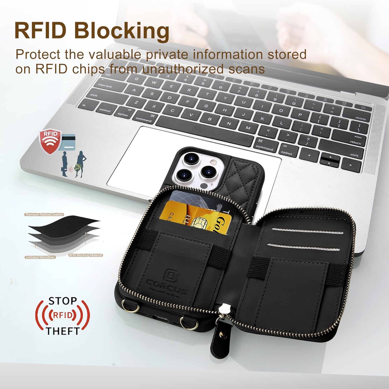CORCUS Funda tipo cartera cruzada compatible con iPhone 15 Pro con correa de bloqueo RFID, cierre de cremallera, tarjetero de cuero acolchado para