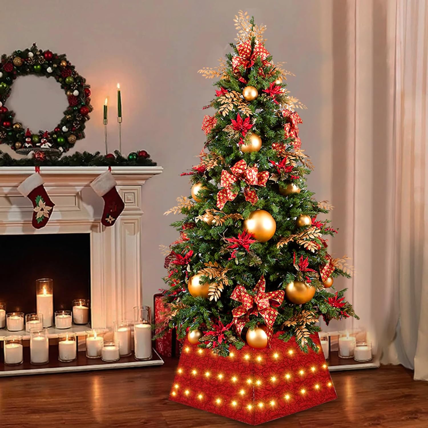 Anycosy Collar de árbol de Navidad con 70 luces LED, anillo de árbol de Navidad alimentado por batería con 8 modos y temporizador para fiesta de
