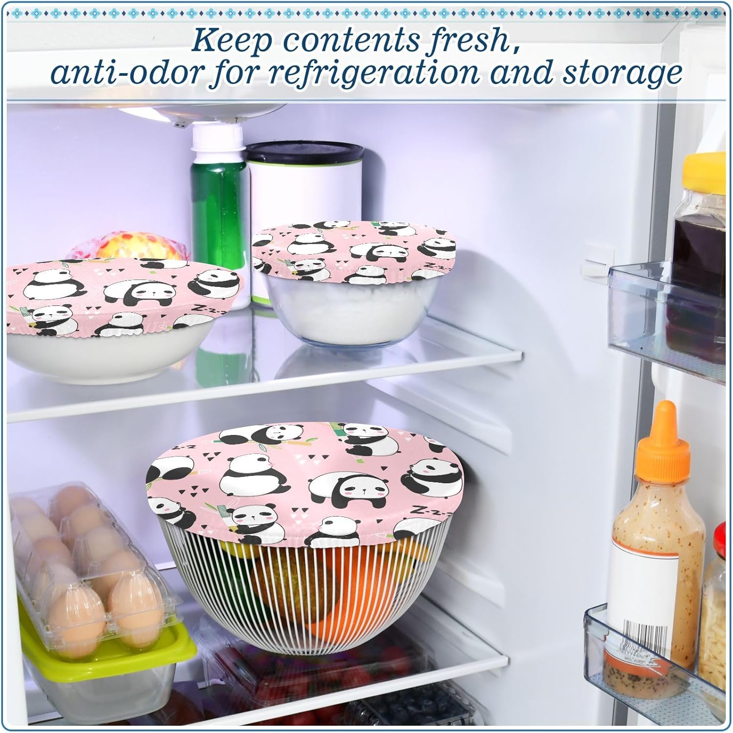 Panda – 5 fundas elásticas reutilizables para tazones para almacenamiento de alimentos, tapas de tela elástica con 5 tamaños diferentes de tapas de