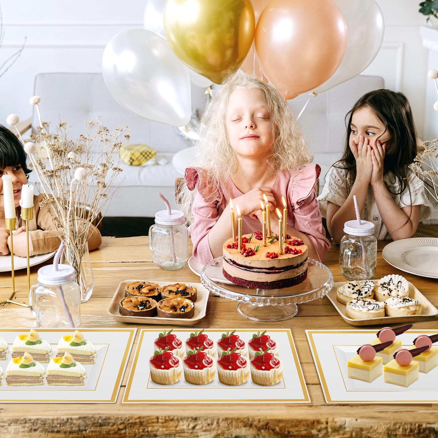 12 bandejas de plástico blanco para servir con borde dorado, bandejas rectangulares de postre de 14 x 9 pulgadas para mesa de postre, platos