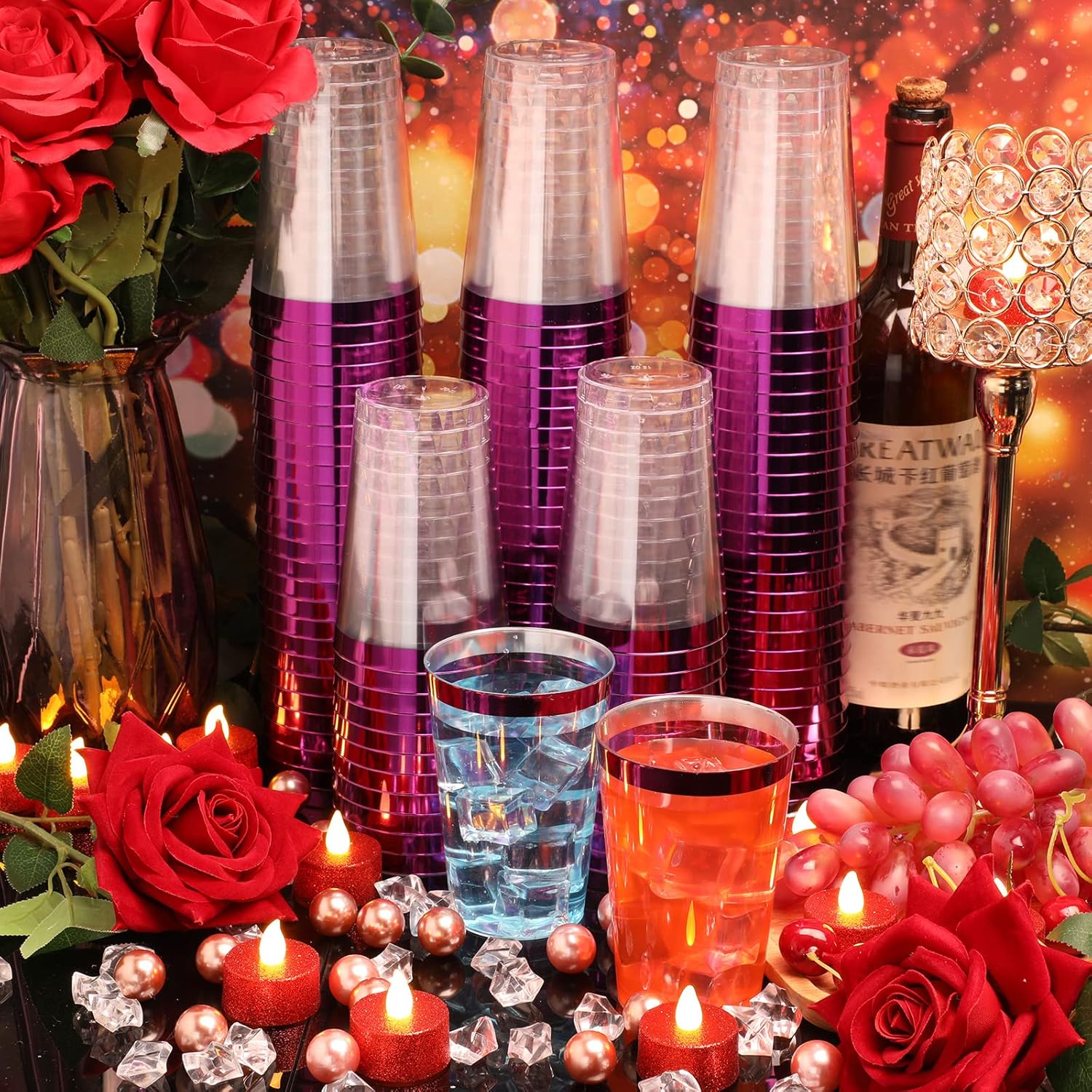 100 vasos de plástico desechables de 12 onzas, vasos de plástico transparente con borde para cumpleaños, bodas, fiestas, elegantes tazas de vino,