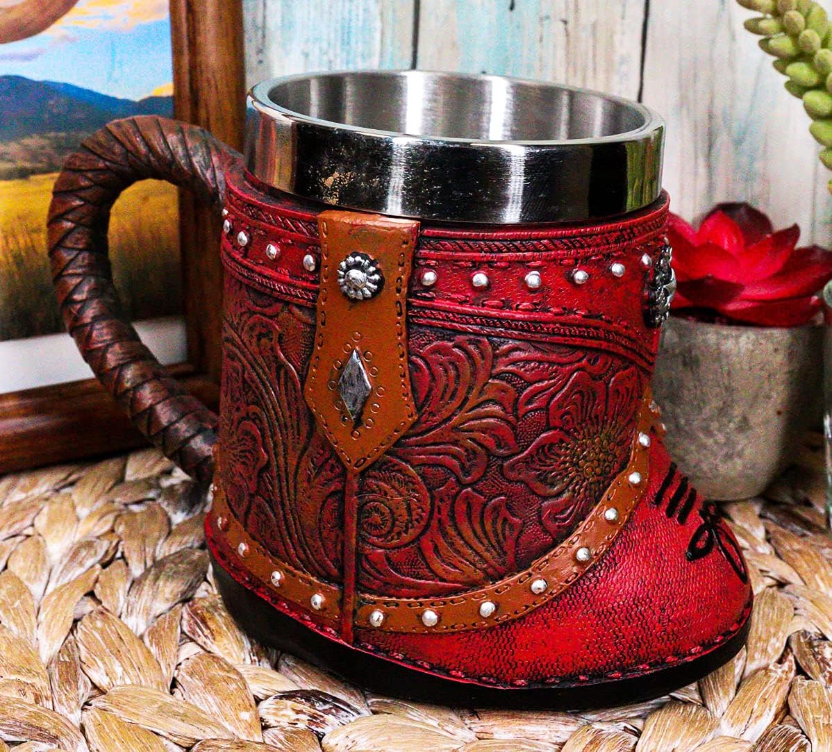 Ebros Gift Bota rústica de vaquera occidental con taza de café con estrella solitaria en piel sintética con acabado floral de desplazamiento floral