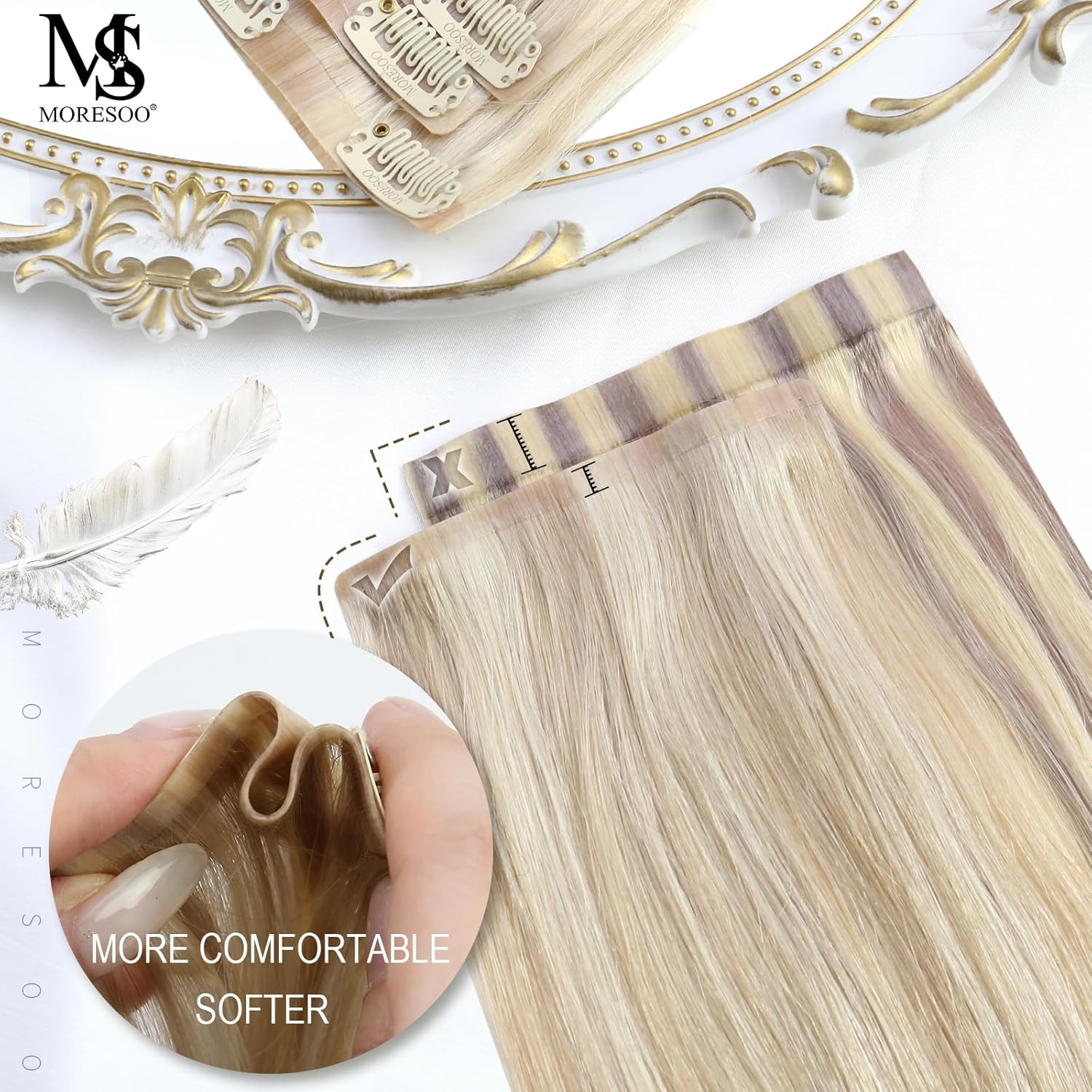 Moresoo Extensiones de cabello humano con clip, sin costuras, color rubio ceniza con reflejos rubios, extensiones de cabello humano real Remy con