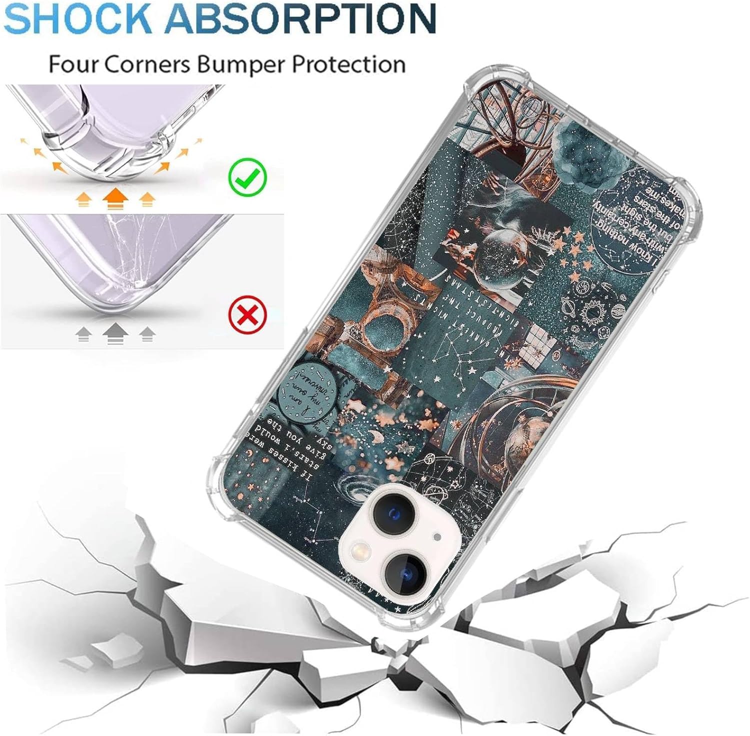 Funda estética de collage verde compatible con iPhone 13, diseño estético de collage de galaxia, funda para adolescentes, mujeres, niños, funda
