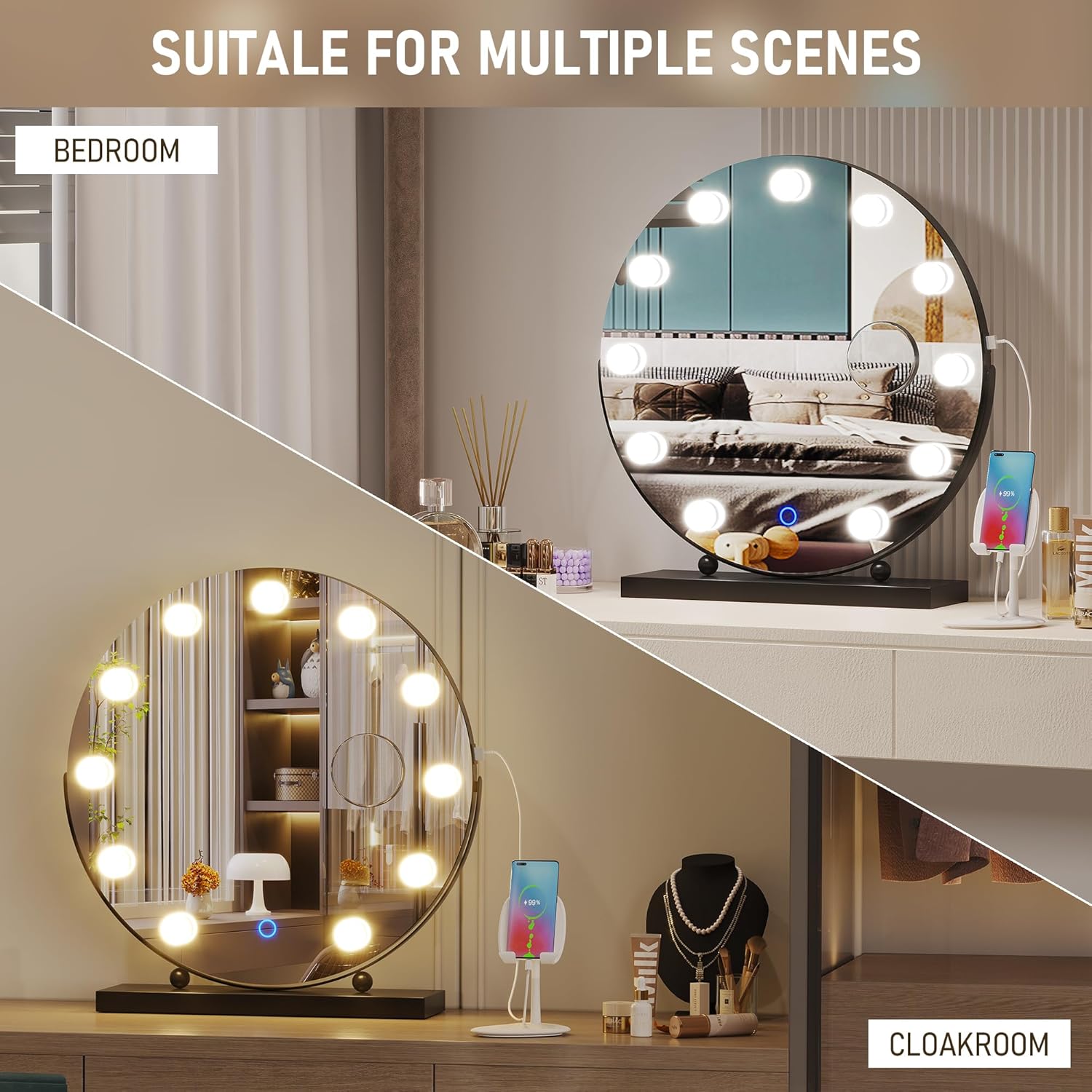 LVSOMT Hollywood Espejo de maquillaje con luces, espejo de maquillaje de 20 pulgadas con aumento de 10X, espejo LED redondo de rotación de 360 con