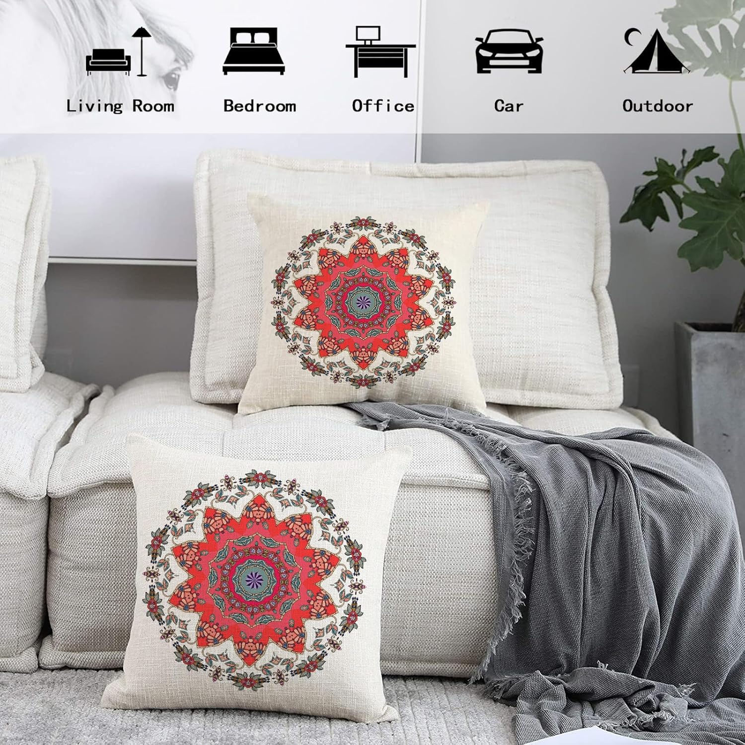 Juego de 2 fundas de almohada de 18 x 18 pulgadas con diseño de flores de mandala sobre fondo blanco, decoración de exteriores, fundas de almohada
