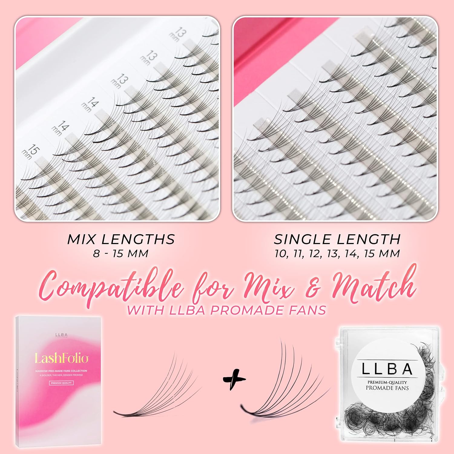 LLBA LashFolio – Abanicos estrechos Promade  Pestañas de volumen hechas a mano  Múltiples selecciones 5D  10D  Rizo C CC D  Grosor 0.03  0.003 in