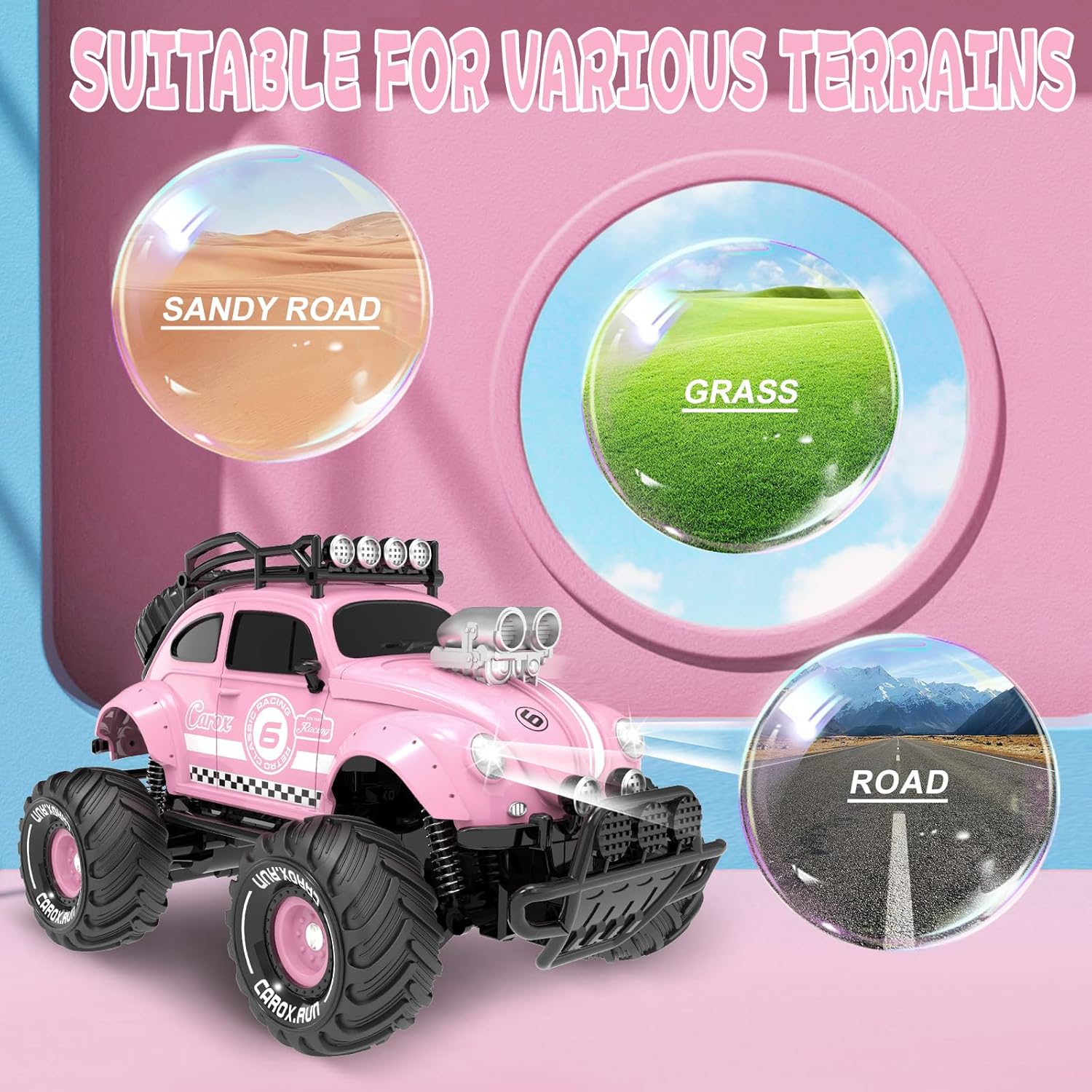 Carox Auto a control remoto para niñas, escala 116, 80 minutos de reproducción, color rosa, clásico con bonito faro LED para todos los terrenos,