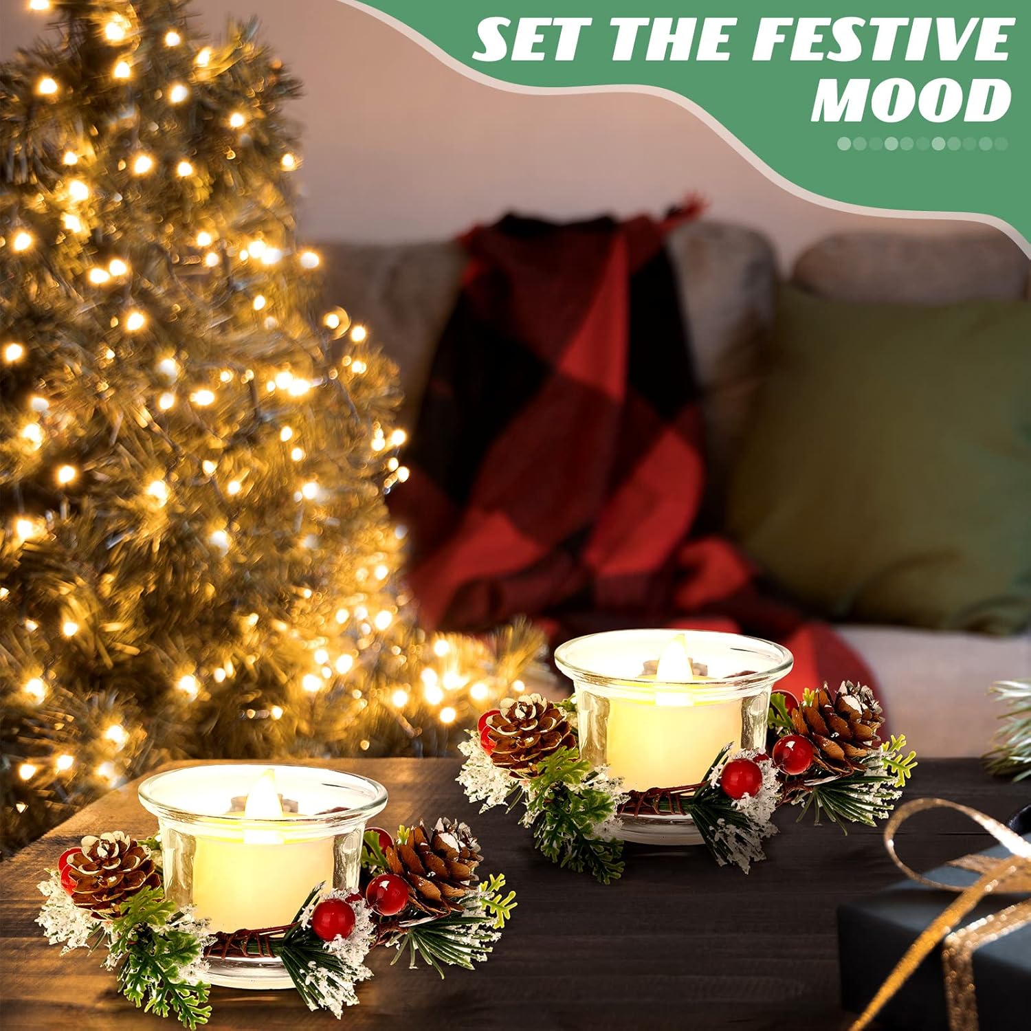 18 piezas de vela de Navidad candelabros de bayas artificiales con candelita de vidrio y velas votivas para decoración de Navidad