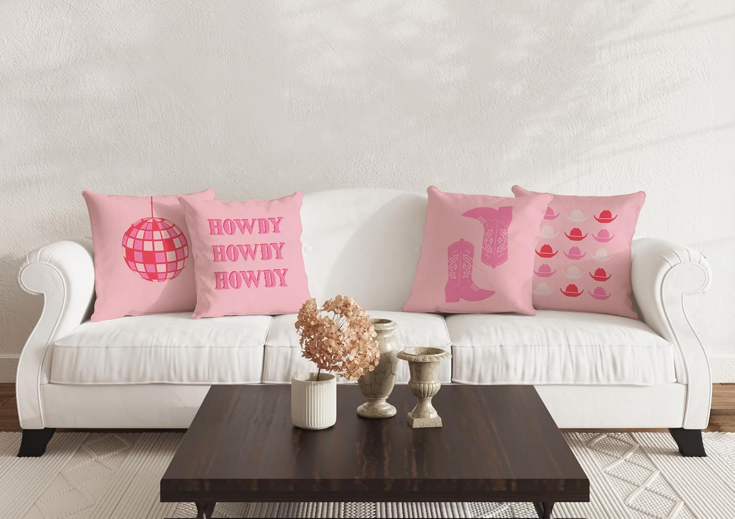 FLDAS Juego de 4 fundas de almohada decorativas de 18 x 18 pulgadas, color rosa intenso, con diseño de vaquera occidental, diseño de bola de