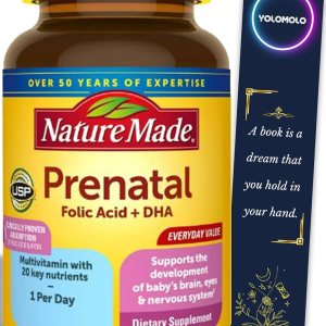 Prenatal con ácido fólico + cápsulas blandas de DHA, suplemento prenatal de vitaminas y minerales hecho en la naturaleza, 70 unidades y marcapáginas Prenatal con ácido fólico + cápsulas blandas de DHA, suplemento prenatal de vitaminas y minerales hecho en la naturaleza, 70 unidades y marcapáginas