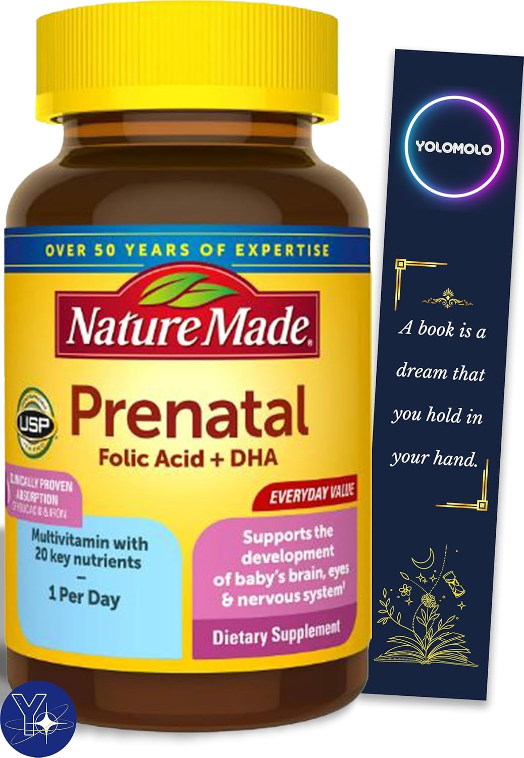 Prenatal con ácido fólico + cápsulas blandas de DHA, suplemento prenatal de vitaminas y minerales hecho en la naturaleza, 70 unidades y marcapáginas