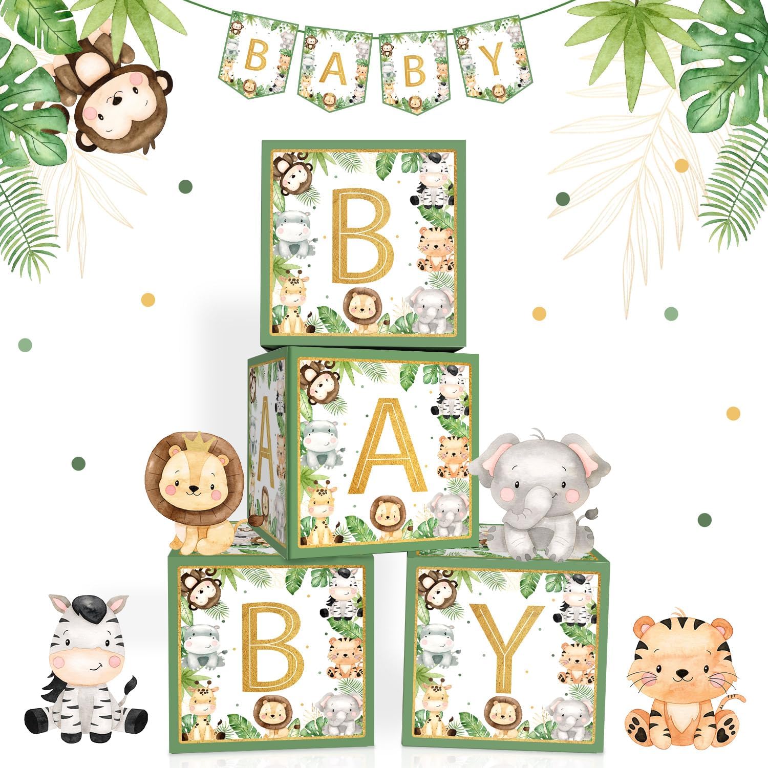 Safari Jungle – Decoraciones para baby shower, cajas de bebé con letras, 4 piezas de animales verdes grandes para niños, cajas de baby shower,