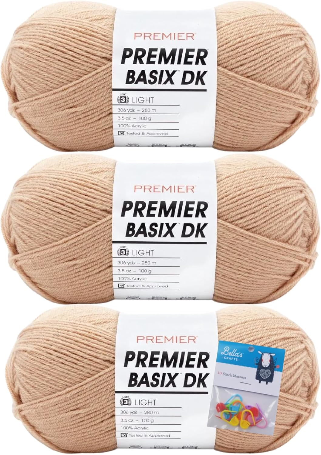 Premier Yarns – Ovillo de lana Basix DK, 3.5 onzas, peso #3 ligeroDK, paquete de 3 unidades con marcadores de puntada Bella’s Crafts (bronceado)