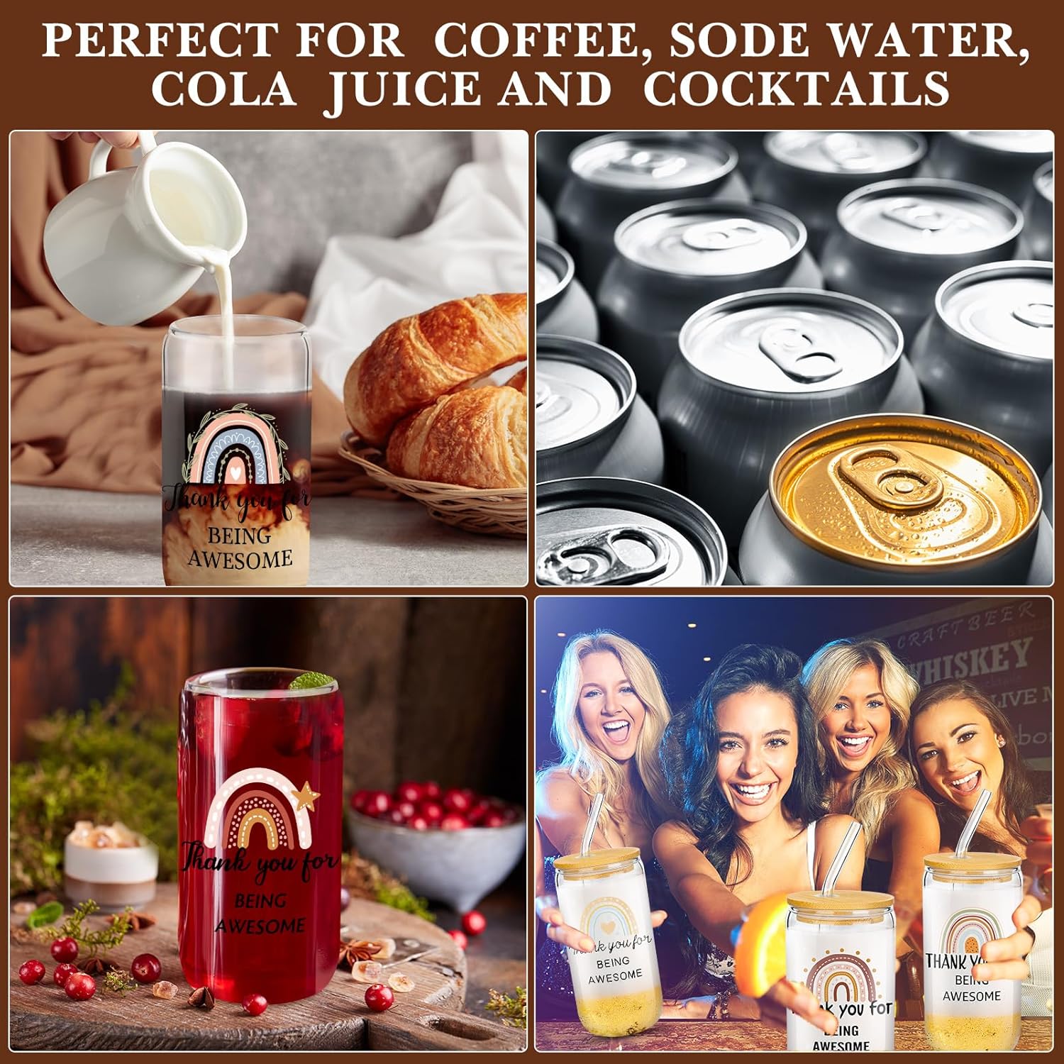 Juego de 12 vasos de vidrio de agradecimiento para empleados, regalos de agradecimiento para compañeros de trabajo, vasos de vidrio de 16 onzas con