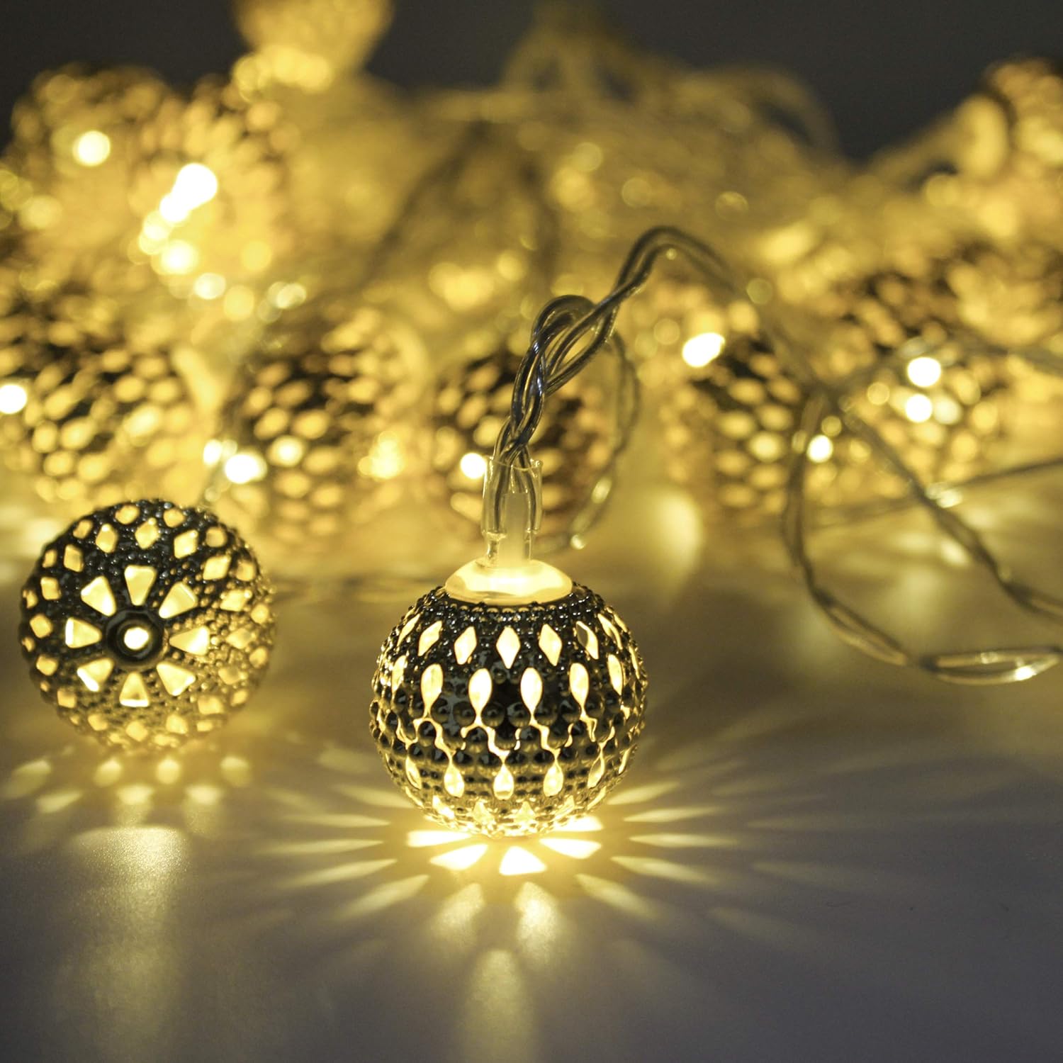 Guirnalda de luces marroquíes alimentadas por pilas, 40 luces LED plateadas con temporizador, luces blancas cálidas para bodas, vacaciones,