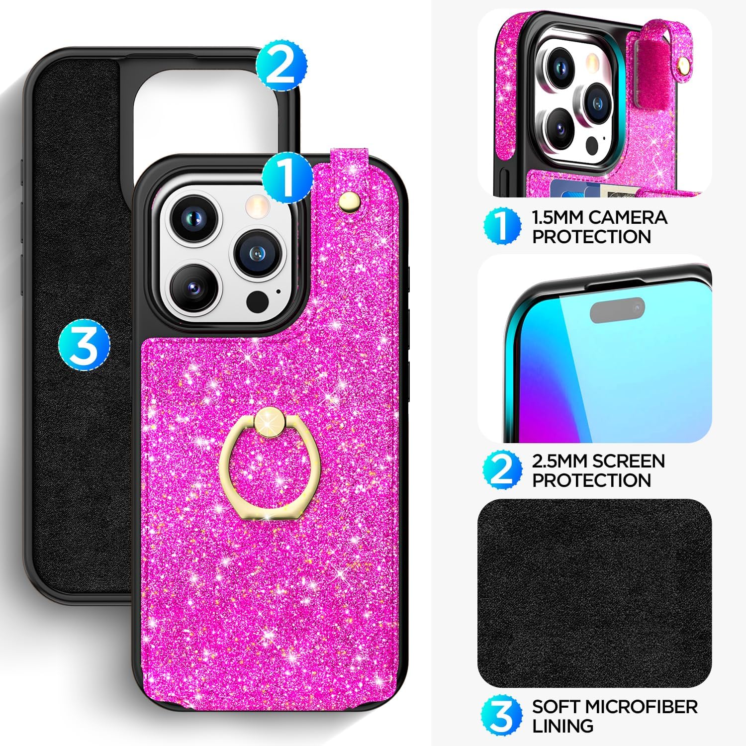 AICase Funda para tarjetas compatible con iPhone 15 Pro, funda protectora brillante con purpurina para mujer con soporte de anillo y 8 ranuras para