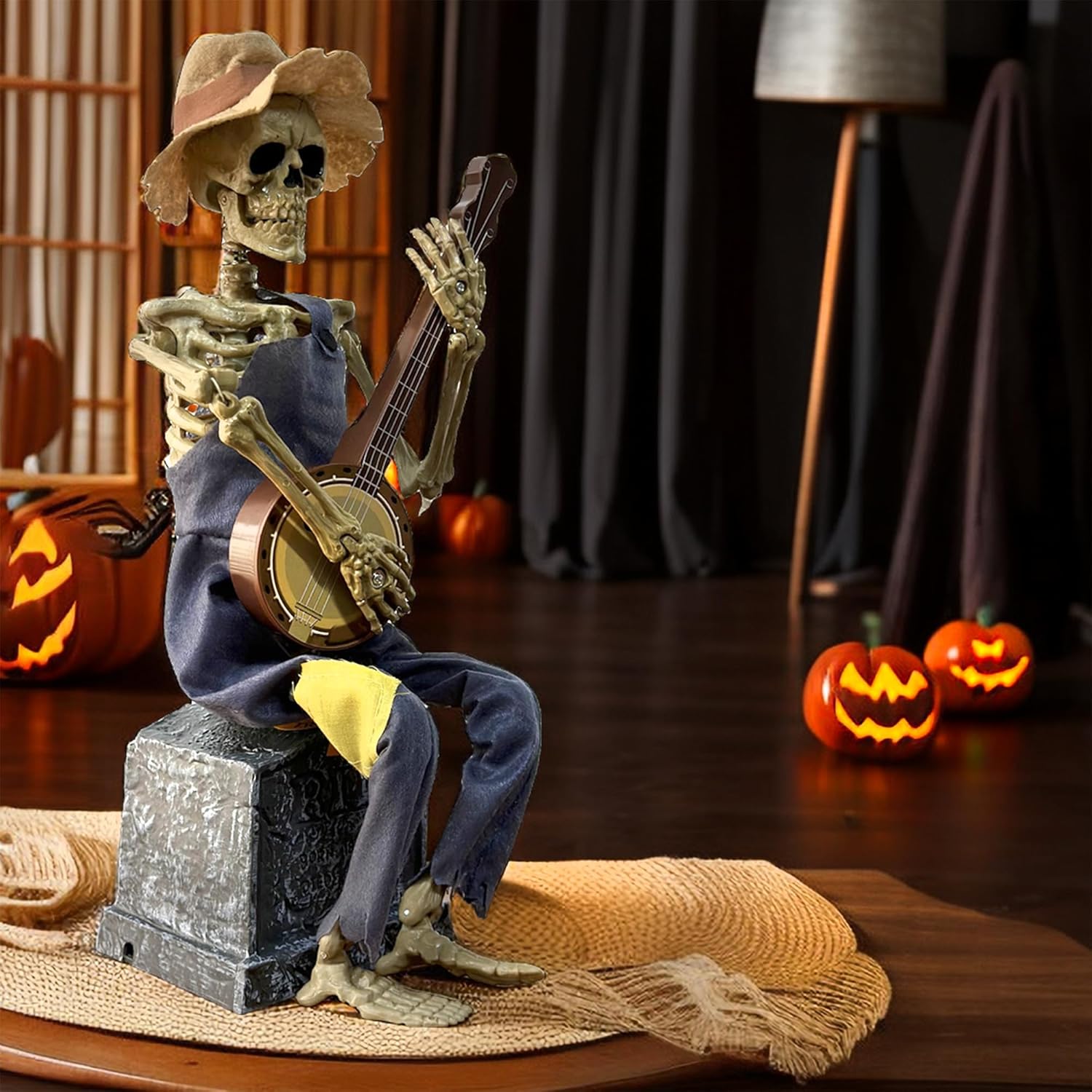 Animatrónicos de mesa de Halloween, reproductor de banjo activado por movimiento con música, decoración de sala de estar interior, centros de mesa