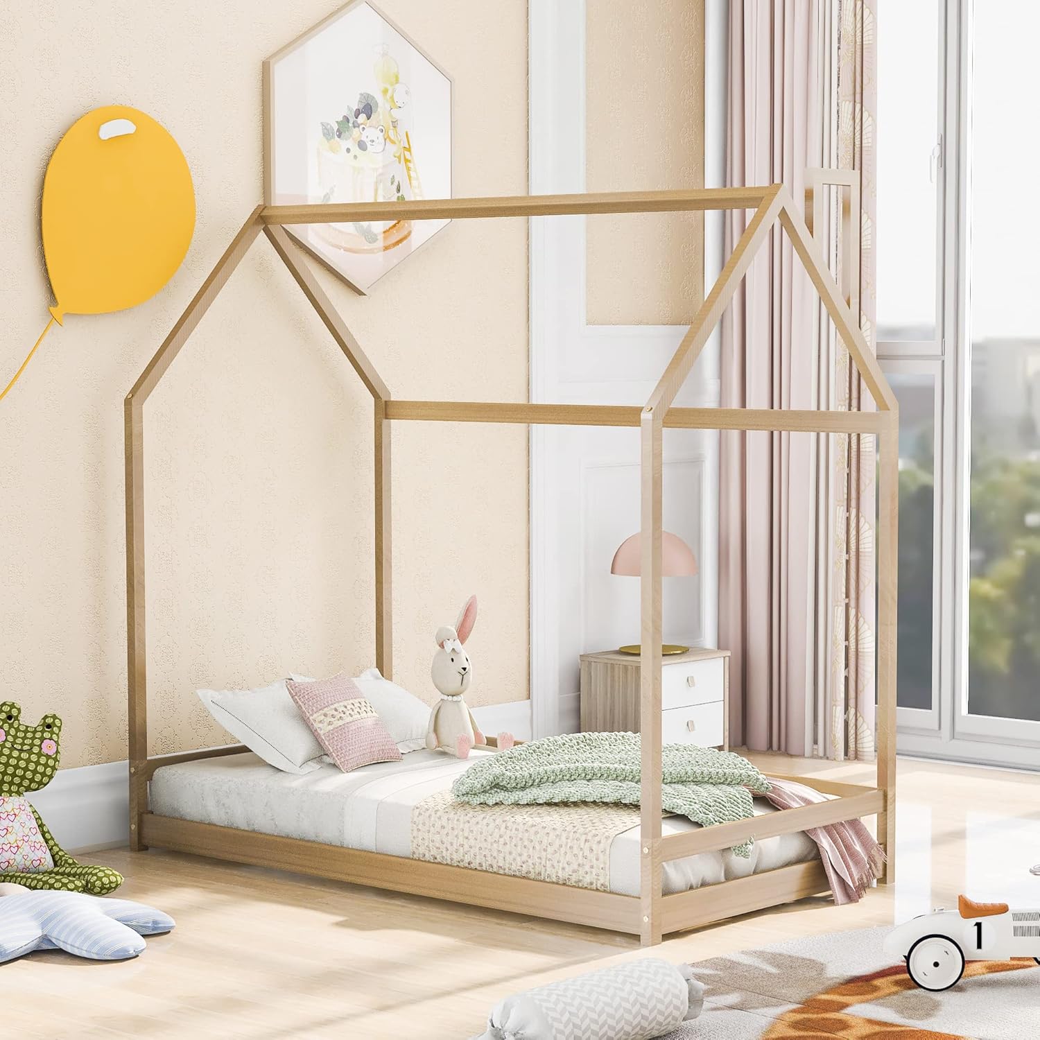 P PURLOVE Marco de cama de piso individual para niños, niñas, niños, marco de cama Montessori de tamaño individual con techo, marco de cama de