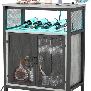 Unikito Armario de bar de vino con luz RGB y tomacorriente, mesa de estante de vino independiente, gabinete de licor con soporte para vidrio, Unikito Armario de bar de vino con luz RGB y tomacorriente, mesa de estante de vino independiente, gabinete de licor con soporte para vidrio,