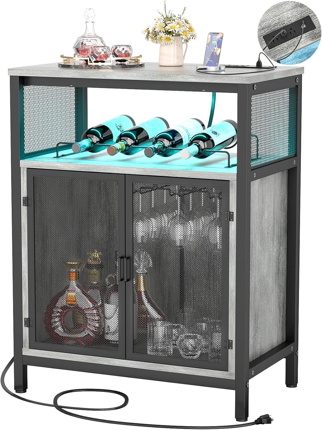 Unikito Armario de bar de vino con luz RGB y tomacorriente, mesa de estante de vino independiente, gabinete de licor con soporte para vidrio,