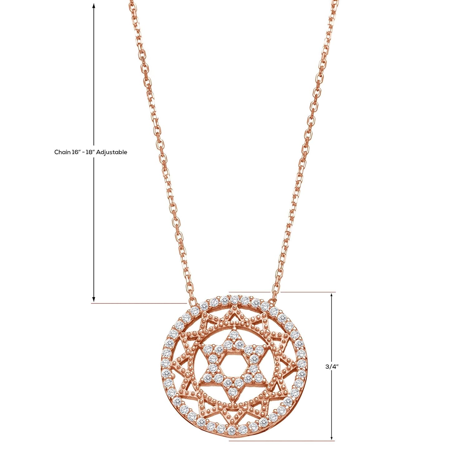 Jewish Star of David Necklace for Women and Girls with Sparkling Clear Cz Cubic Zirconia Stones in Rose Gold