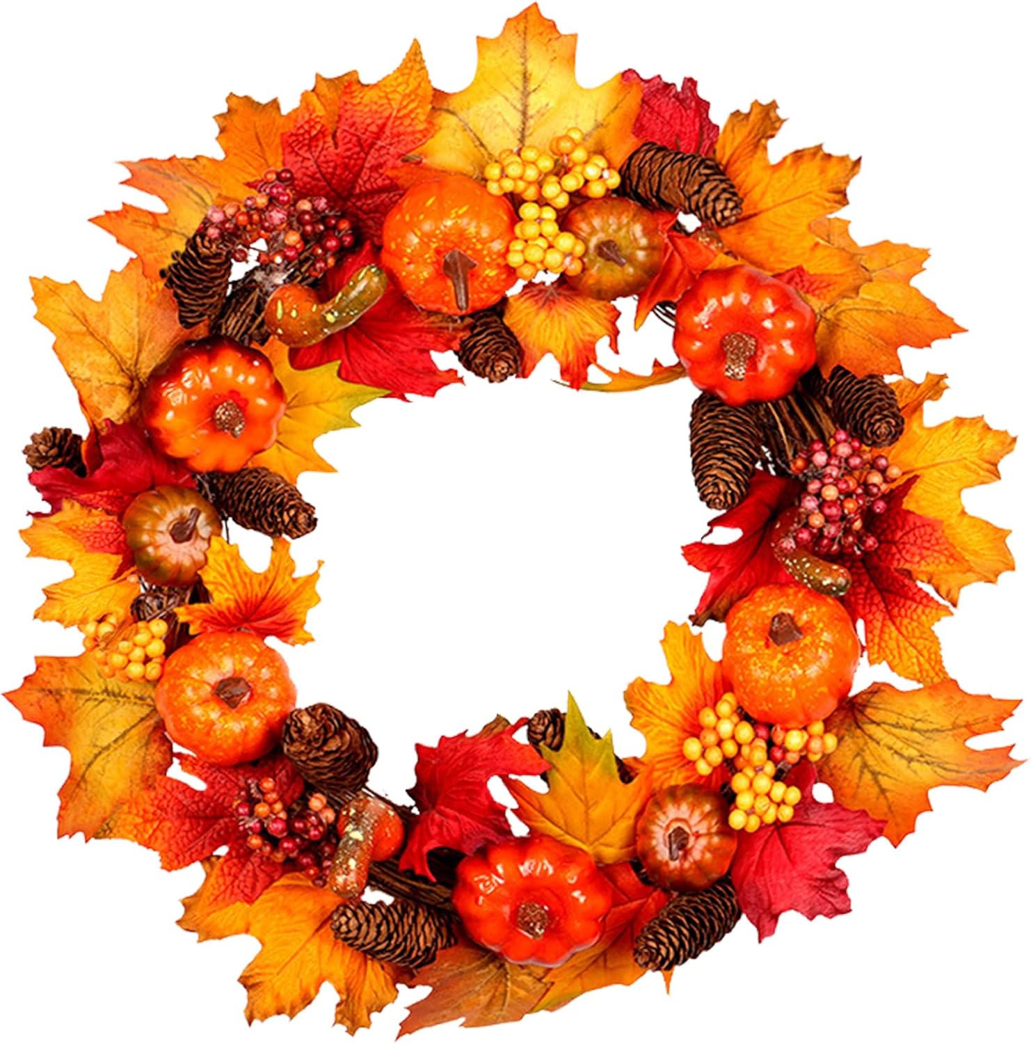Corona de otoño de 16 pulgadas para puerta delantera, coronas de calabazas artificiales, corona de cosecha de otoño artificial con hojas de arce,