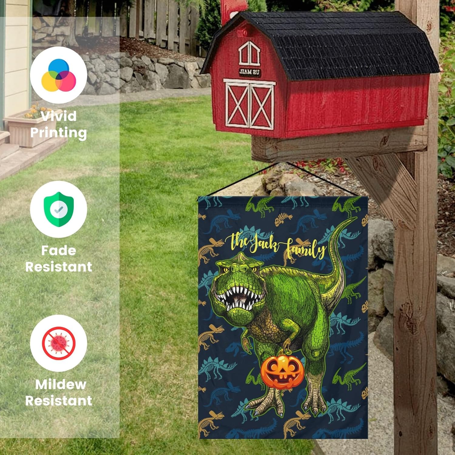 Bandera de jardín de dinosaurio personalizada con calabaza, banderas con nombre personalizado para patio exterior, decoración del hogar, pancarta de