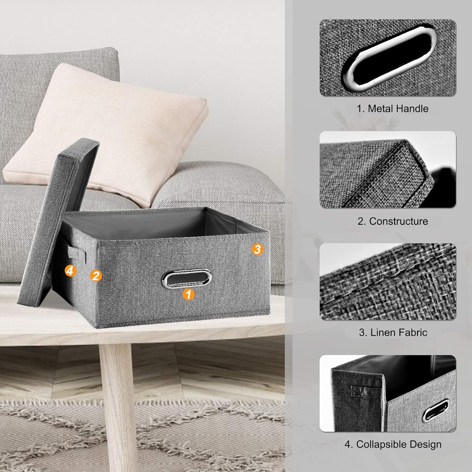 Contenedores de almacenamiento de tela de lino con tapa 1 unidad Caja de almacenamiento plegable con tapa, contenedores de almacenamiento para