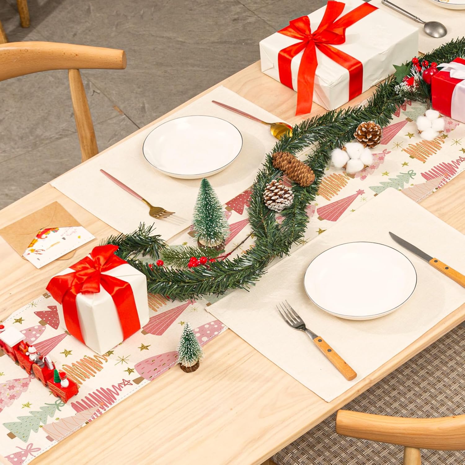 AnyDesign – Camino de mesa bohemio con texto en inglés “Merry Christmas” para decoración de árbol de Navidad, mantel impermeable para suministros de